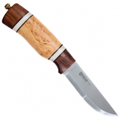 Nóż stały HELLE Trofe _85- 3-warstwowa stal nierdzewna, rękojeść z brzozy, dębu, rogu i skóry, w komplecie skórzana pochwa-Helle
