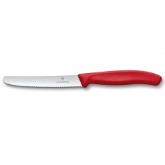 Uniwersalny nóż kuchenny z ostrzem o ząbkowanej krawędzi do pomidorów, jarzyn VICTORINOX 6.7831 CZERWONY RED pikutek