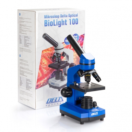 Mikroskop Delta Optical BioLight 100 NIEBIESKI (DO-3211) - 5 preparatów, szkiełka, zasilacz, dla początkujących-DELTA